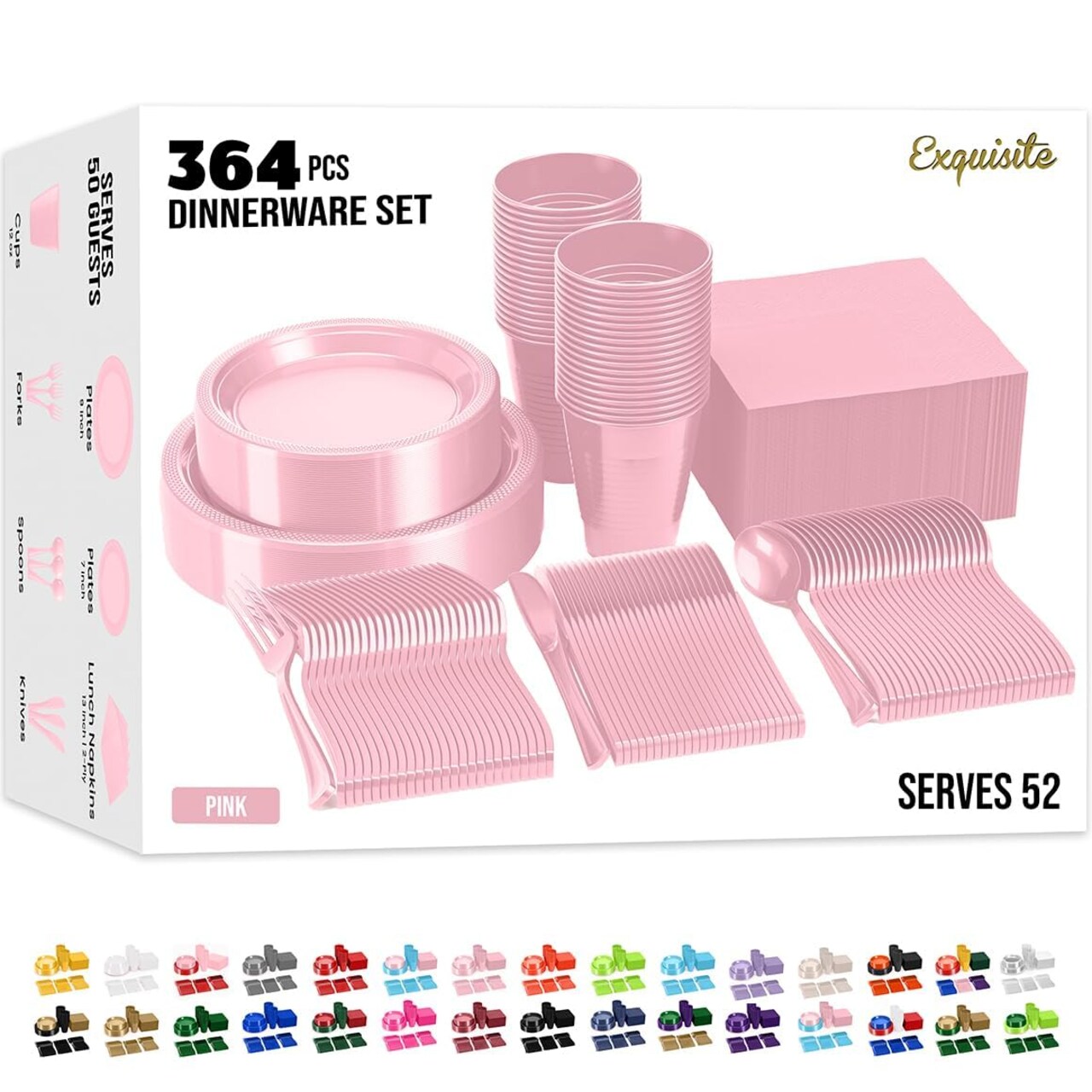 Exquisite 350 Pcs Plastic Plates for Party – Disposable Plates Set – 50 Each of 9" Dinner Plates, 7" Dessert Plates, Plastic Cups, Napkins & Plastic Cutlery – Plastic Dinnerware by Party Solids